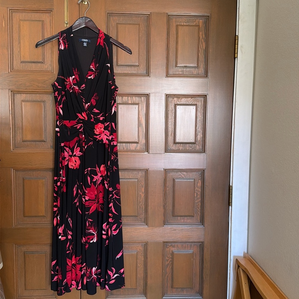 Chaps Black Red Floral Sleeveless Wrap Dress